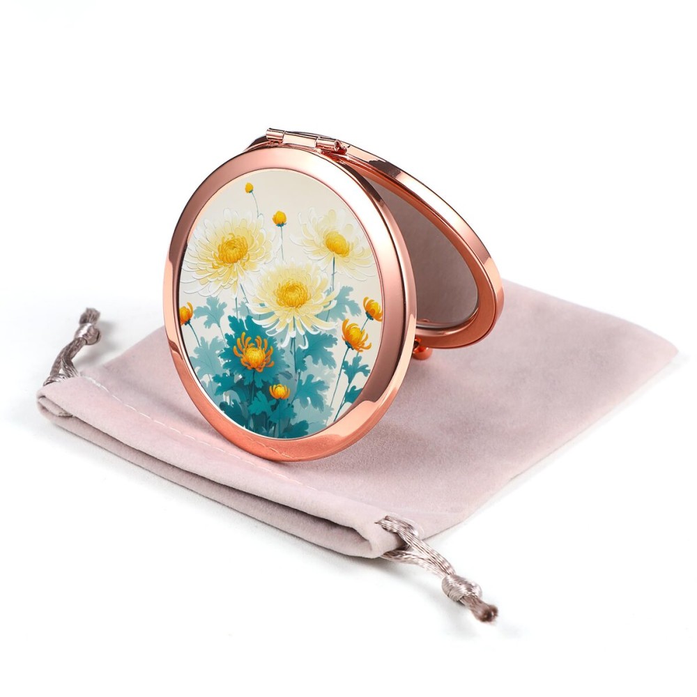 Dynippy Compact Mirror Rose Gold Makeup Mirror Folding Mini Pocket Mirror Portable Hand Mirror Double-Sided 2 x 1x Magnification for Woman Girls (Lovely Chrysanthemum Pattern)
