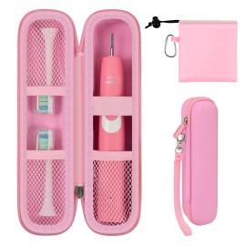 Toothbrush Travel Hard Case Compatible with Oral-B Pro 1000, 2000, 3000, 3500, 1500/ for Philips Sonicare ProtectiveClean 4100 5100 Electric Toothbrush with Mesh Pocket&Carabiner - Pink (Bag Only)