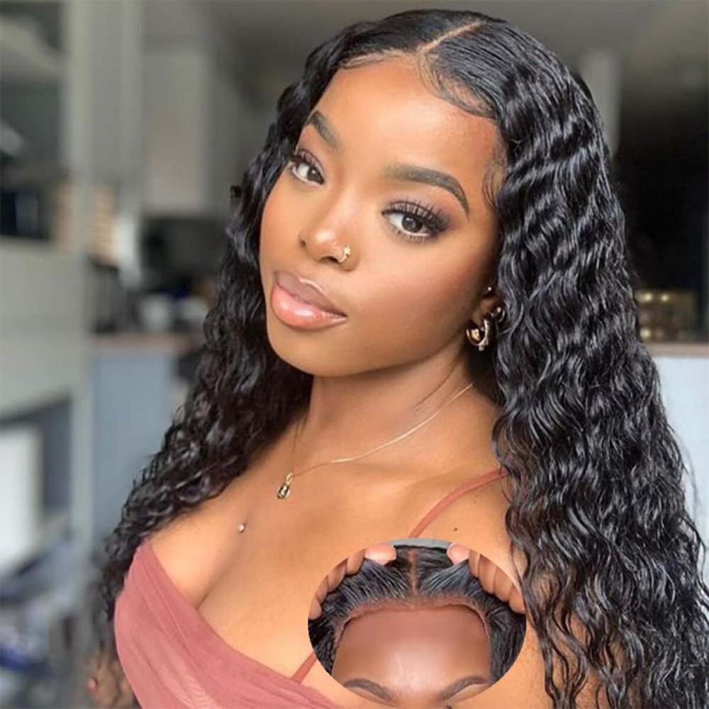Bugtum Deep Wave 5x5 Hd Lace Closure Glueless wigs Human Hair Pre Plucked Pre Cut Wear and Go Deep Curly Lace Front Wigs for Black Women Wet and Wavy 20 Inch
