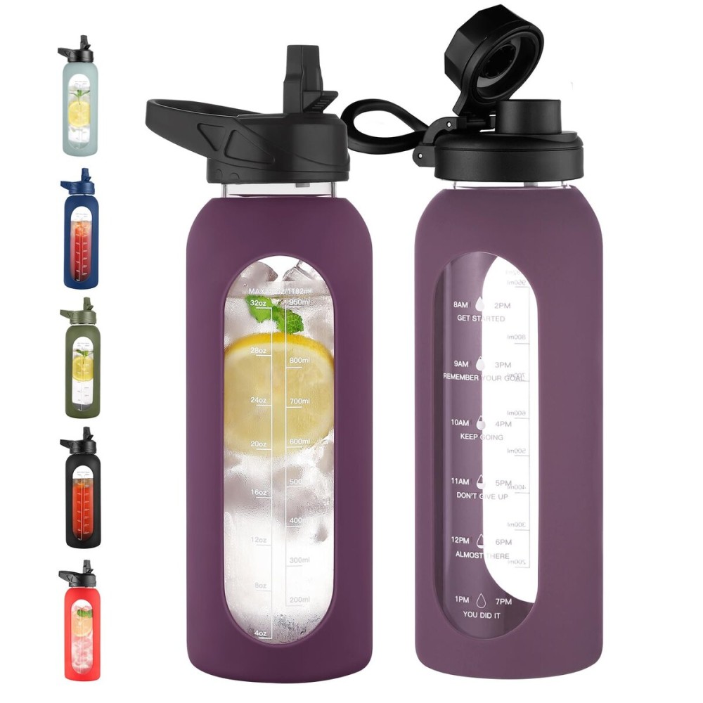 CIVAGO 40 oz Glass Water Bottle with Straw and Handle, Large Sports Motivational Water Bottle Flask with Time Marker and 2 Lids, Leakproof Water Jug Canteen with Silicone Sleeve for Gym,Mauve