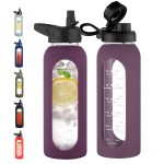 CIVAGO 40 oz Glass Water Bottle with Straw and Handle, Large Sports Motivational Water Bottle Flask with Time Marker and 2 Lids, Leakproof Water Jug Canteen with Silicone Sleeve for Gym,Mauve