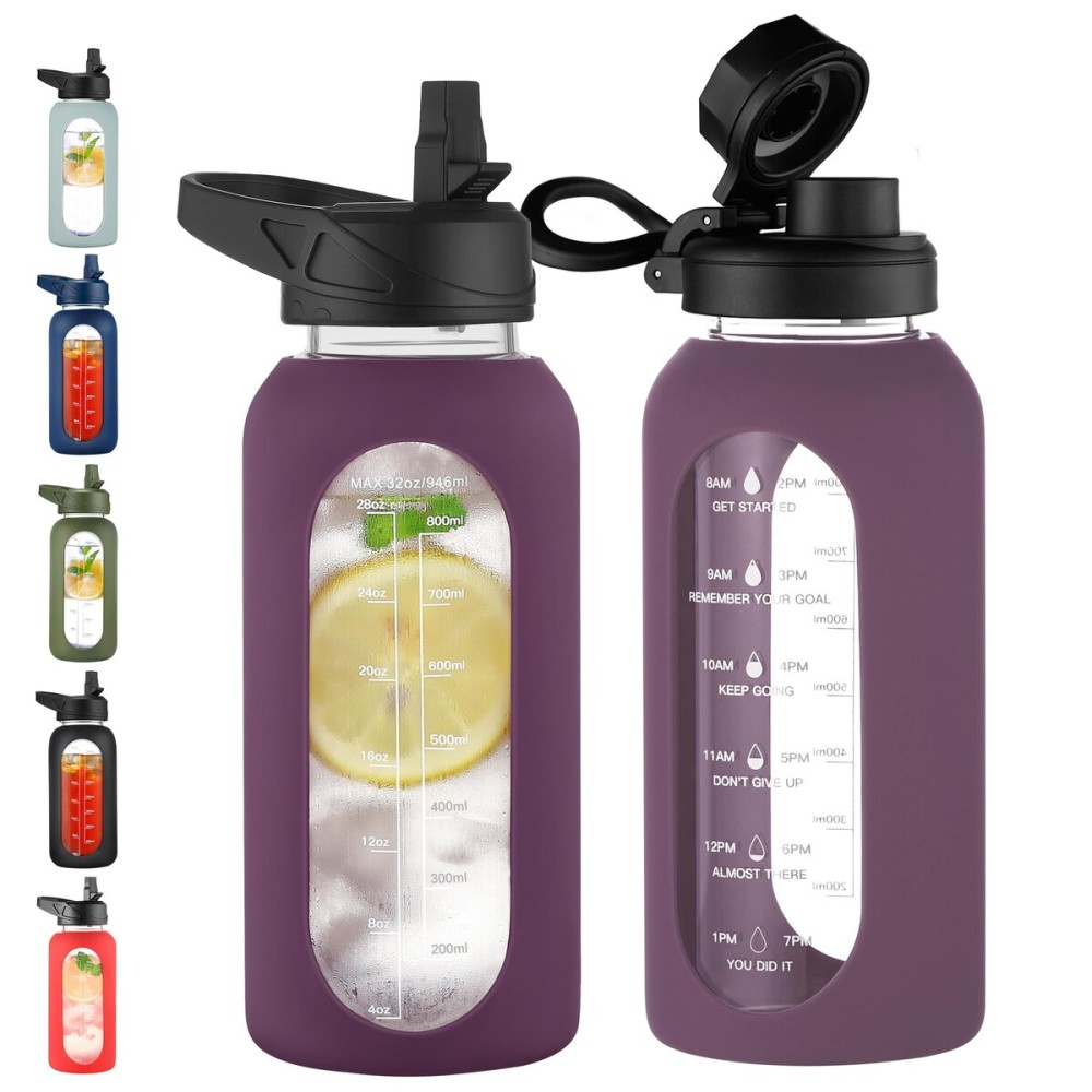 CIVAGO 32 oz Glass Water Bottle with Straw and Handle, Large Sports Motivational Water Bottle Flask with Time Marker and 2 Lids, Leakproof Water Jug Canteen with Silicone Sleeve for Gym,Mauve