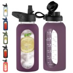 CIVAGO 32 oz Glass Water Bottle with Straw and Handle, Large Sports Motivational Water Bottle Flask with Time Marker and 2 Lids, Leakproof Water Jug Canteen with Silicone Sleeve for Gym,Mauve