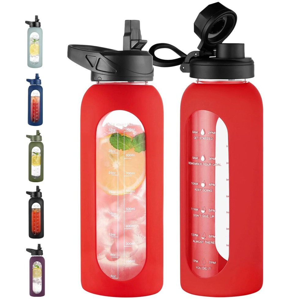 CIVAGO 40 oz Glass Water Bottle with Straw and Handle, Large Sports Motivational Water Bottle Flask with Time Marker and 2 Lids, Leakproof Water Jug Canteen with Silicone Sleeve for Gym,Red