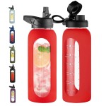 CIVAGO 40 oz Glass Water Bottle with Straw and Handle, Large Sports Motivational Water Bottle Flask with Time Marker and 2 Lids, Leakproof Water Jug Canteen with Silicone Sleeve for Gym,Red