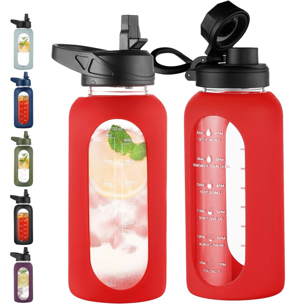 CIVAGO 32 oz Glass Water Bottle with Straw and Handle, Large Sports Motivational Water Bottle Flask with Time Marker and 2 Lids, Leakproof Water Jug Canteen with Silicone Sleeve for Gym,Red