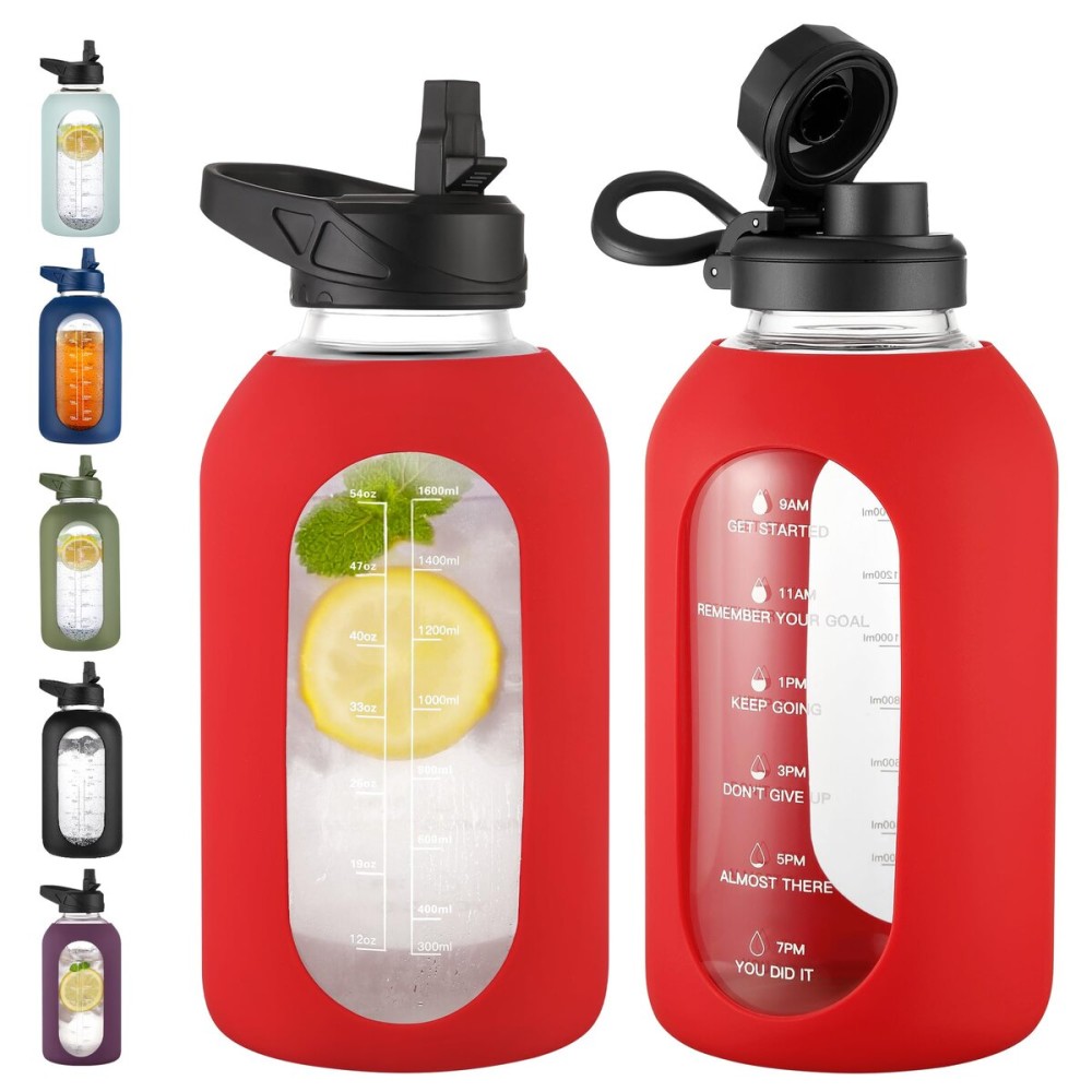 CIVAGO 64 oz Glass Water Bottle Jug with Straw and Handle, Half Gallon Sports Motivational Water Bottle with Time Marker, Wide Mouth Flask Canteen with Silicone Sleeve for Gym, Red