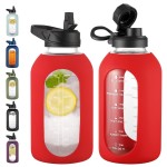 CIVAGO 64 oz Glass Water Bottle Jug with Straw and Handle, Half Gallon Sports Motivational Water Bottle with Time Marker, Wide Mouth Flask Canteen with Silicone Sleeve for Gym, Red
