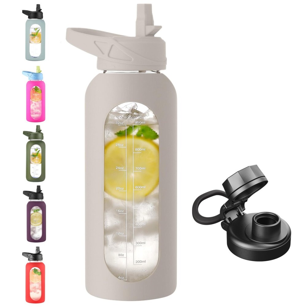 CIVAGO 40 oz Glass Water Bottle with Straw and Handle, Large Sports Motivational Water Bottle Flask with Time Marker and 2 Lids, Leakproof Water Jug Canteen with Silicone Sleeve for Gym,Apricot