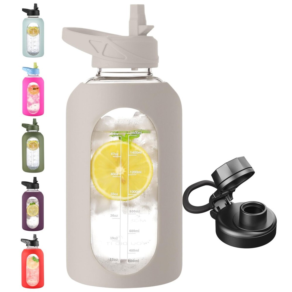 CIVAGO 64 oz Glass Water Bottle Jug with Straw and Handle, Half Gallon Sports Motivational Water Bottle with Time Marker, Wide Mouth Flask Canteen with Silicone Sleeve for Gym, Apricot