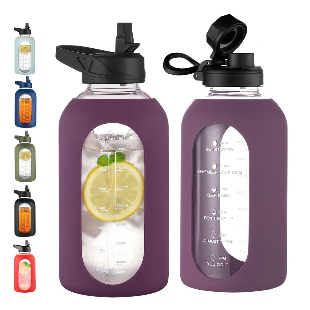 CIVAGO 64 oz Glass Water Bottle Jug with Straw and Handle, Half Gallon Sports Motivational Water Bottle with Time Marker, Wide Mouth Flask Canteen with Silicone Sleeve for Gym, Mauve