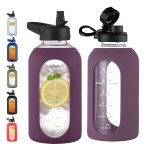 CIVAGO 64 oz Glass Water Bottle Jug with Straw and Handle, Half Gallon Sports Motivational Water Bottle with Time Marker, Wide Mouth Flask Canteen with Silicone Sleeve for Gym, Mauve