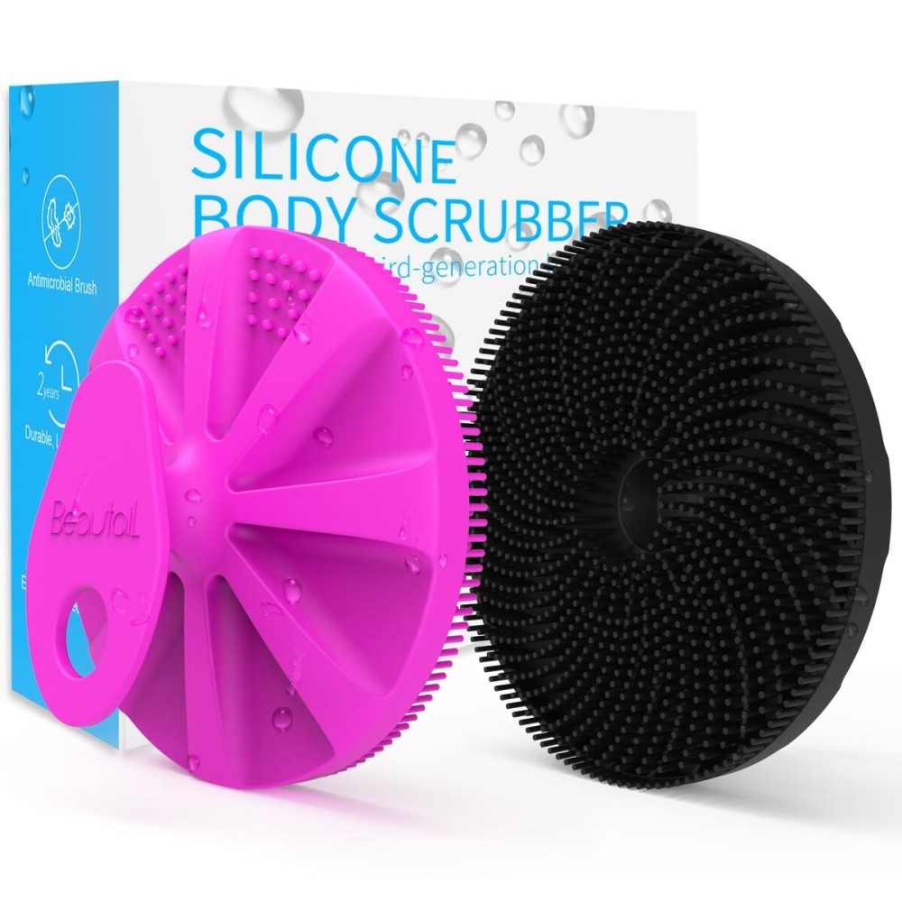 BEAUTAIL Silicone Body Scrubber 2 Pack, Gentle Bristles Shower Bath Brush, Lather Nicely, Soft Massage Body, More Hygienic Than Loofah, Gentle Exfoliating for Sensitive Skin, Purple+Black