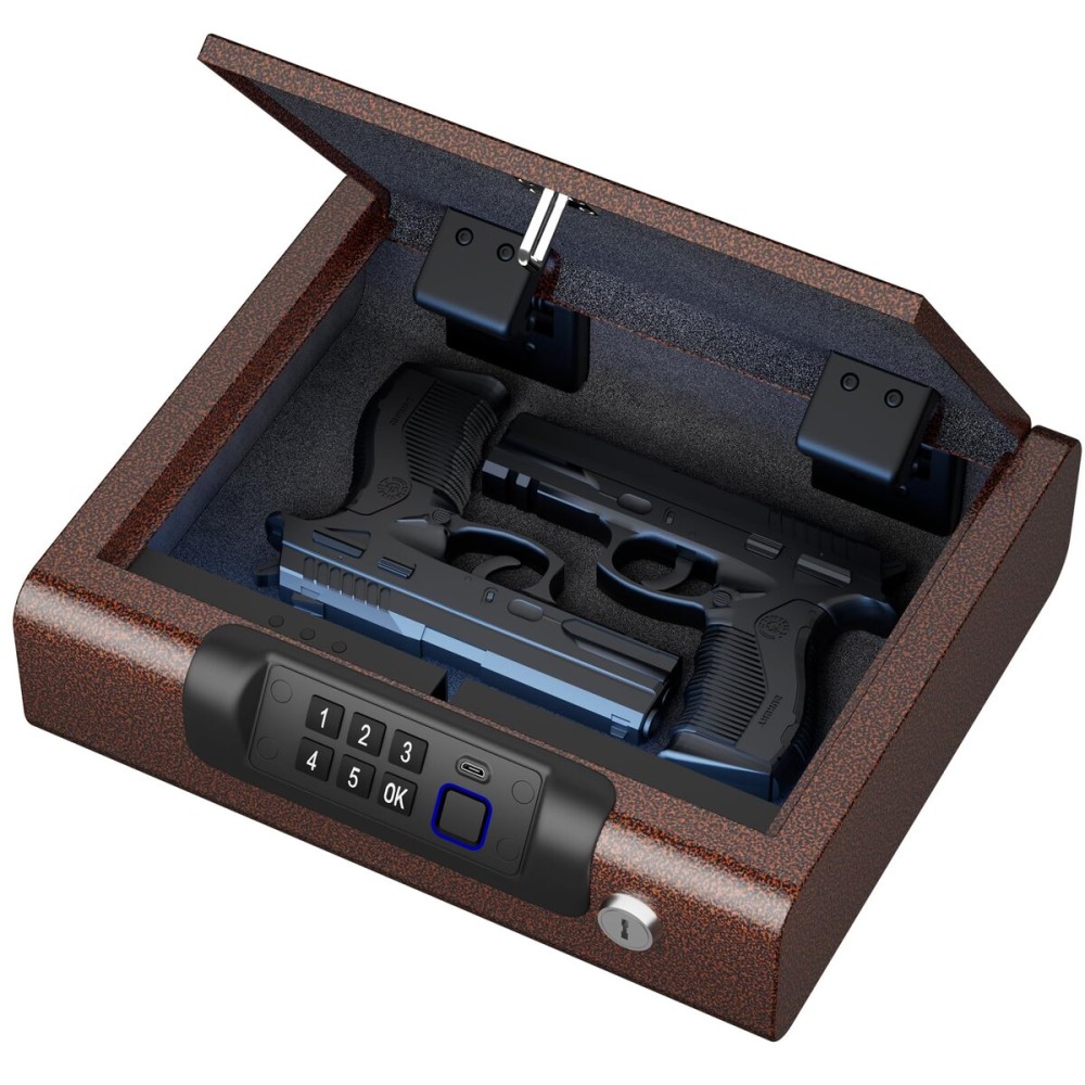 Gun Safe,Biometric Gun Safe for Pistols 3-Ways unlock Fingerprint Digital PIN Key Unlock with Voice, Lock box for Cloakroom living room Bedroom Nightstand and Car BILLCONCH - Antique Bronze