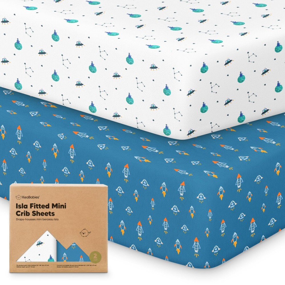 Pack and Play Sheets Fitted - 2-Pack Mini Crib Sheets for Pack N Play Mattress 38x26, Soft & Cozy, Neutral Toddler Playard Bedding, Snug Fitted Mini Baby Crib Mattress Cover Boy, Girl (Space Quest)