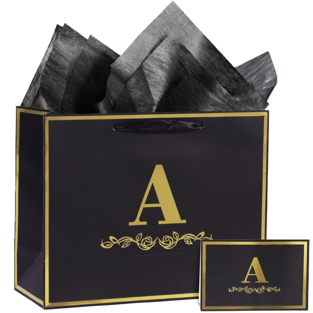momoake Alphabet Birthday Gift Bag with Card and Tissue Paper for Men Women, 13 Large Black Gold Personalized Bridal Party Gift Paper Bag for Gifts Wrapping - (Letter A)