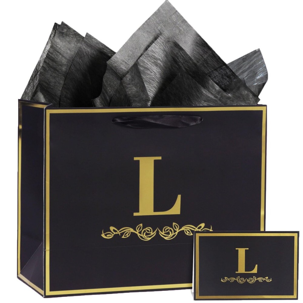 momoake Alphabet Birthday Gift Bag with Card and Tissue Paper for Men Women, 13 Large Black Gold Personalized Bridal Party Gift Paper Bag for Gifts Wrapping - (Letter L)