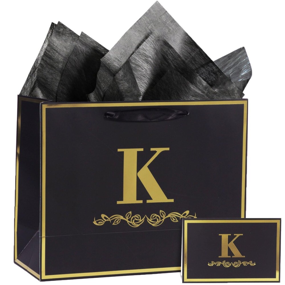 momoake Alphabet Birthday Gift Bag with Card and Tissue Paper for Men Women, 13 Large Black Gold Personalized Bridal Party Gift Paper Bag for Gifts Wrapping - (Letter K)