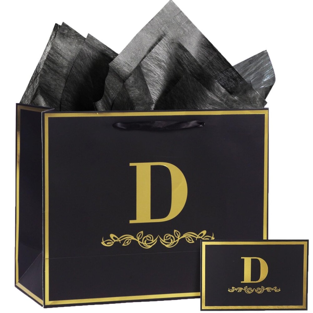momoake Alphabet Birthday Gift Bag with Card and Tissue Paper for Men Women, 13 Large Black Gold Personalized Bridal Party Gift Paper Bag for Gifts Wrapping - (Letter D)