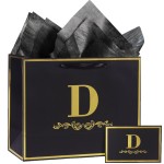 momoake Alphabet Birthday Gift Bag with Card and Tissue Paper for Men Women, 13 Large Black Gold Personalized Bridal Party Gift Paper Bag for Gifts Wrapping - (Letter D)