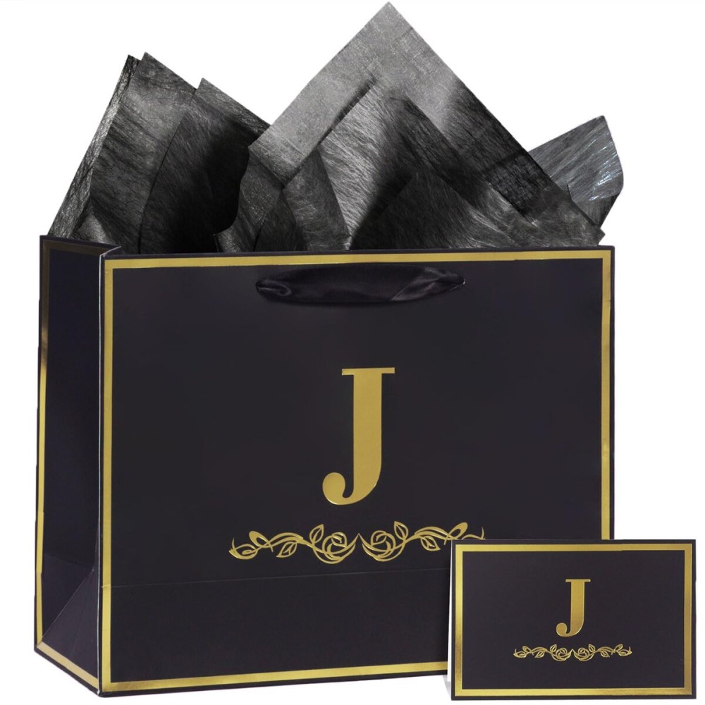 momoake Alphabet Birthday Gift Bag with Card and Tissue Paper for Men Women, 13 Large Black Gold Personalized Bridal Party Gift Paper Bag for Gifts Wrapping - (Letter J)