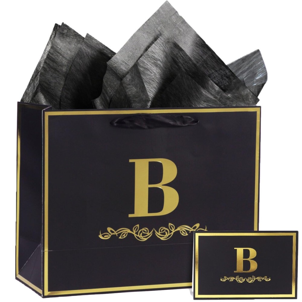 momoake Alphabet Birthday Gift Bag with Card and Tissue Paper for Men Women, 13 Large Black Gold Personalized Bridal Party Gift Paper Bag for Gifts Wrapping - (Letter B)