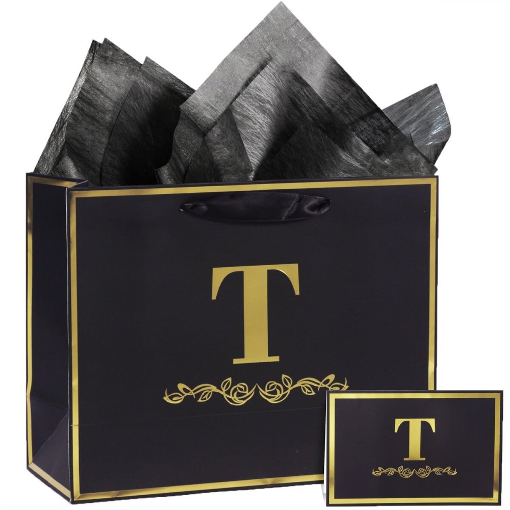 momoake Alphabet Birthday Gift Bag with Card and Tissue Paper for Men Women, 13 Large Black Gold Personalized Bridal Party Gift Paper Bag for Gifts Wrapping - (Letter T)