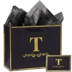 momoake Alphabet Birthday Gift Bag with Card and Tissue Paper for Men Women, 13 Large Black Gold Personalized Bridal Party Gift Paper Bag for Gifts Wrapping - (Letter T)