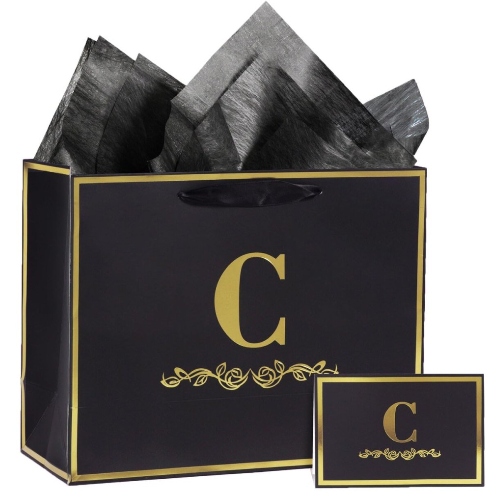 momoake Alphabet Birthday Gift Bag with Card and Tissue Paper for Men Women, 13 Large Black Gold Personalized Bridal Party Gift Paper Bag for Gifts Wrapping - (Letter C)