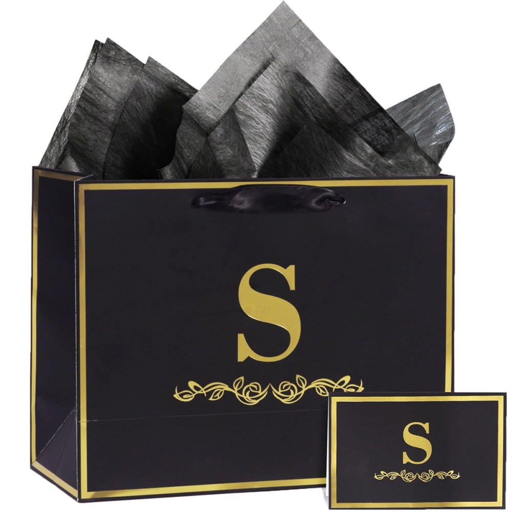 momoake Alphabet Birthday Gift Bag with Card and Tissue Paper for Men Women, 13 Large Black Gold Personalized Bridal Party Gift Paper Bag for Gifts Wrapping - (Letter S)