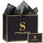 momoake Alphabet Birthday Gift Bag with Card and Tissue Paper for Men Women, 13 Large Black Gold Personalized Bridal Party Gift Paper Bag for Gifts Wrapping - (Letter S)