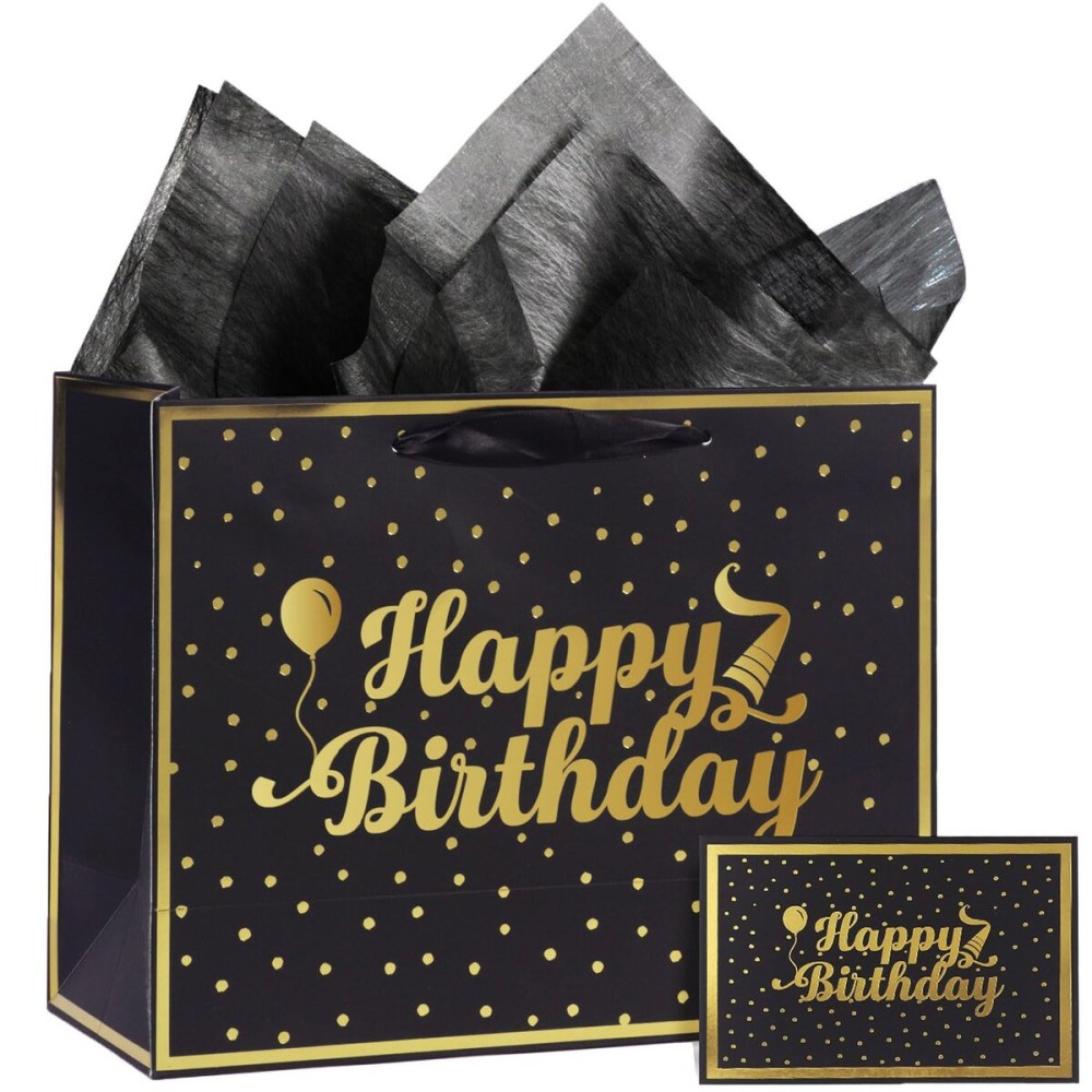 momoake 13 Black Gold Large Gift Bag with Card and Tissue Paper, Birthday Gift Bag for Men Women Birthday - 13 x 10.2 x 5.2, 1 Pcs