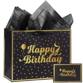 momoake 13 Black Gold Large Gift Bag with Card and Tissue Paper, Birthday Gift Bag for Men Women Birthday - 13 x 10.2 x 5.2, 1 Pcs