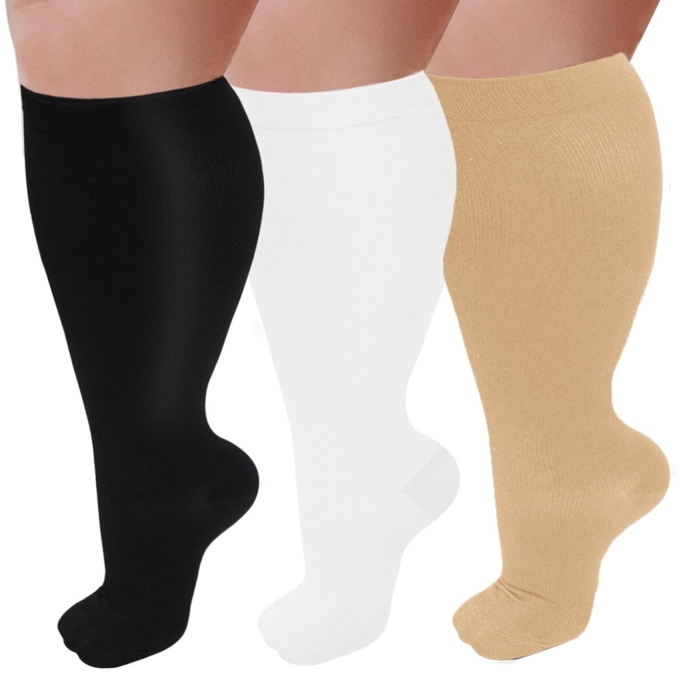 GET-FA 3 Pairs Plus Size Compression Socks for Women and Men Wide Calf Extra Large Knee High Support for Circulation