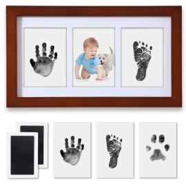 PewinGo Hand and Footprint Kit,Inkless Handprint Kit with 2 Safe Clean-Touch Ink Pads and a Wooden Picture Frame, Gifts for New Parents, Shower-Walnut