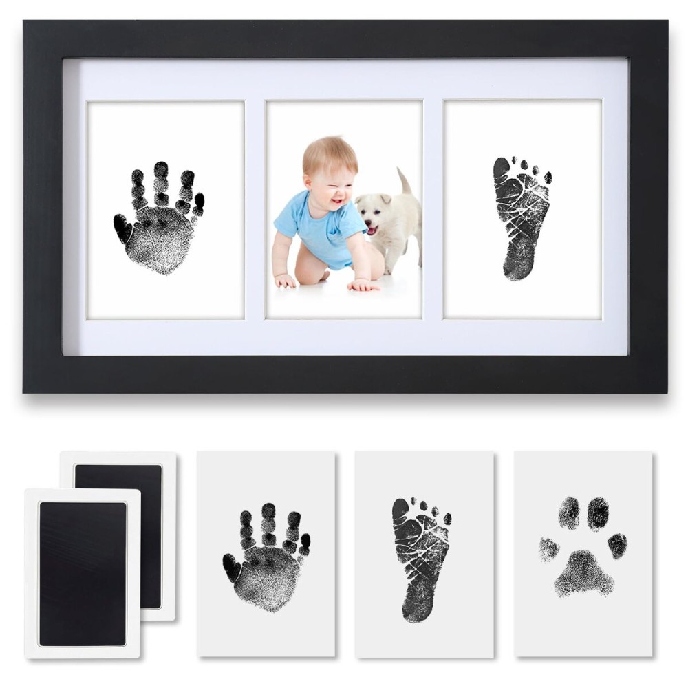 PewinGo Hand and Footprint Kit,Inkless Handprint Kit with 2 Safe Clean-Touch Ink Pads and a Wooden Baby Picture Frame Gifts for New Parents, Shower Gift-Black