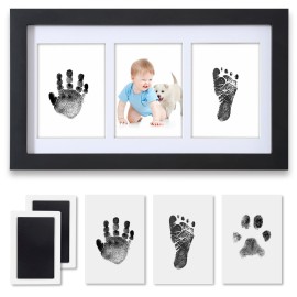 PewinGo Hand and Footprint Kit,Inkless Handprint Kit with 2 Safe Clean-Touch Ink Pads and a Wooden Baby Picture Frame Gifts for New Parents, Shower Gift-Black