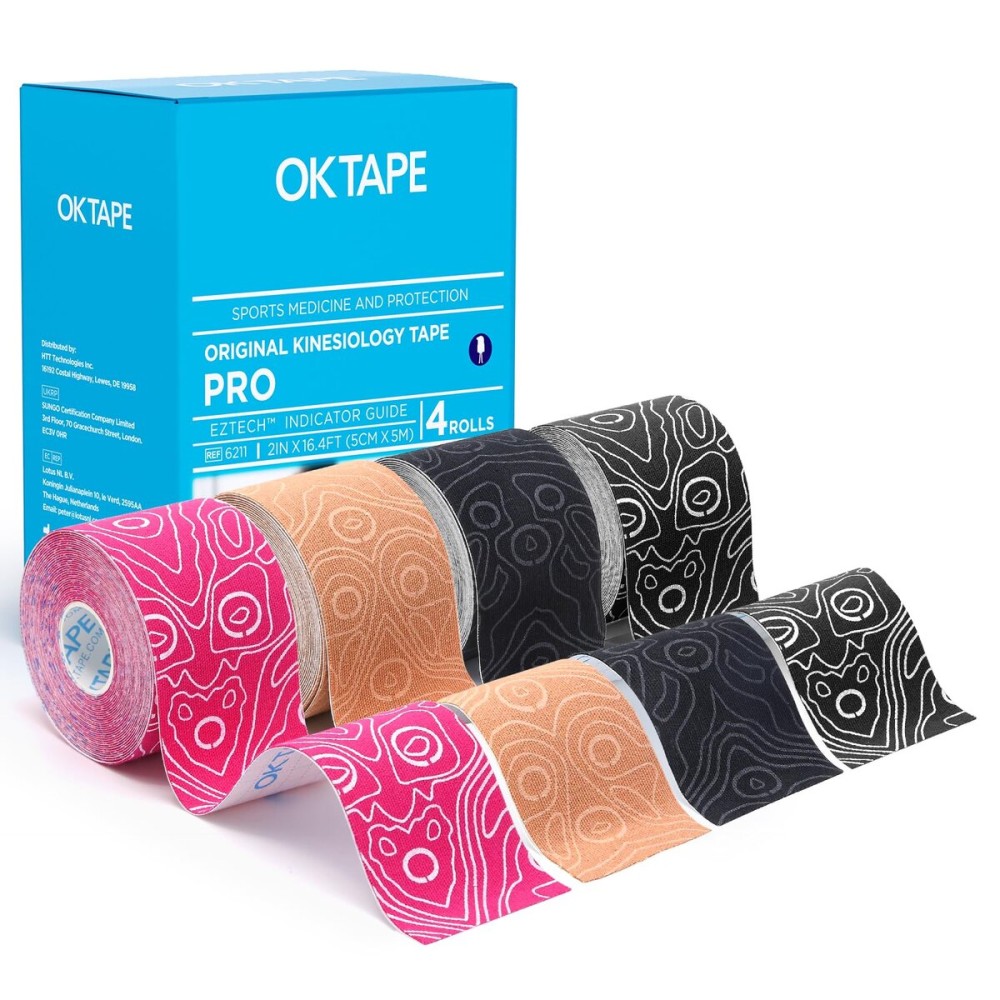 OK TAPE PRO Kinesiology Tape Uncut Roll, Elastic Physical Therapy Athletic Tape for Pain Relief, Muscle Support, Kinetic Tape, Water Resistant, 2in X 16.4ft -Mixed 4 Pack