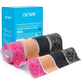 OK TAPE PRO Kinesiology Tape Uncut Roll, Elastic Physical Therapy Athletic Tape for Pain Relief, Muscle Support, Kinetic Tape, Water Resistant, 2in X 16.4ft -Mixed 4 Pack