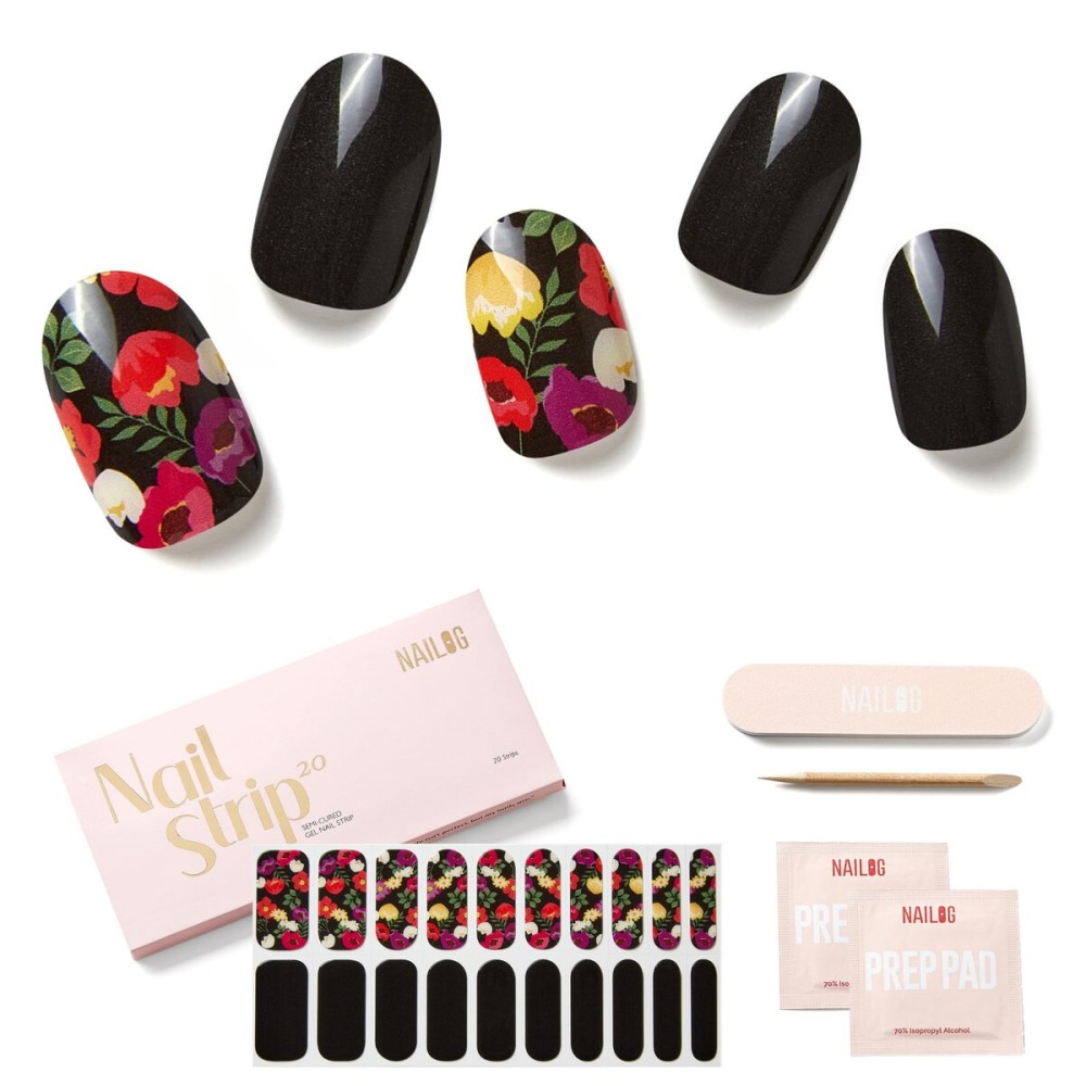 NAILOG Semi Cured Gel Strips - 20 Pcs Nail Stickers | Buy 2 Get 1 UV Light | Extra Long Wraps With Glossy Gel Finishing Black Flowers, Poppy