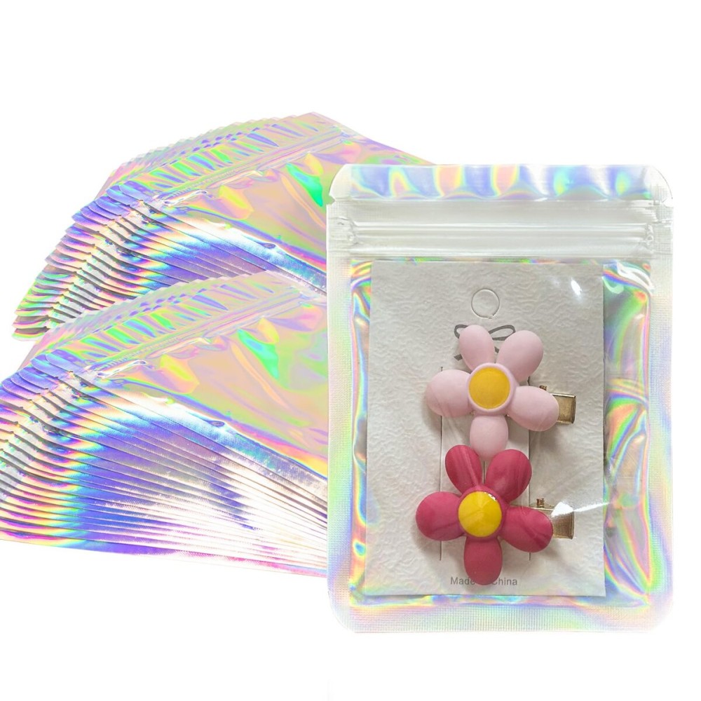YHJZ Holographic Bags & Resealable Foil Pouch Mylar Sample Bag Great for Party Favor Food Storage Smell Proof Bags, 100pcs 3.3x5.1