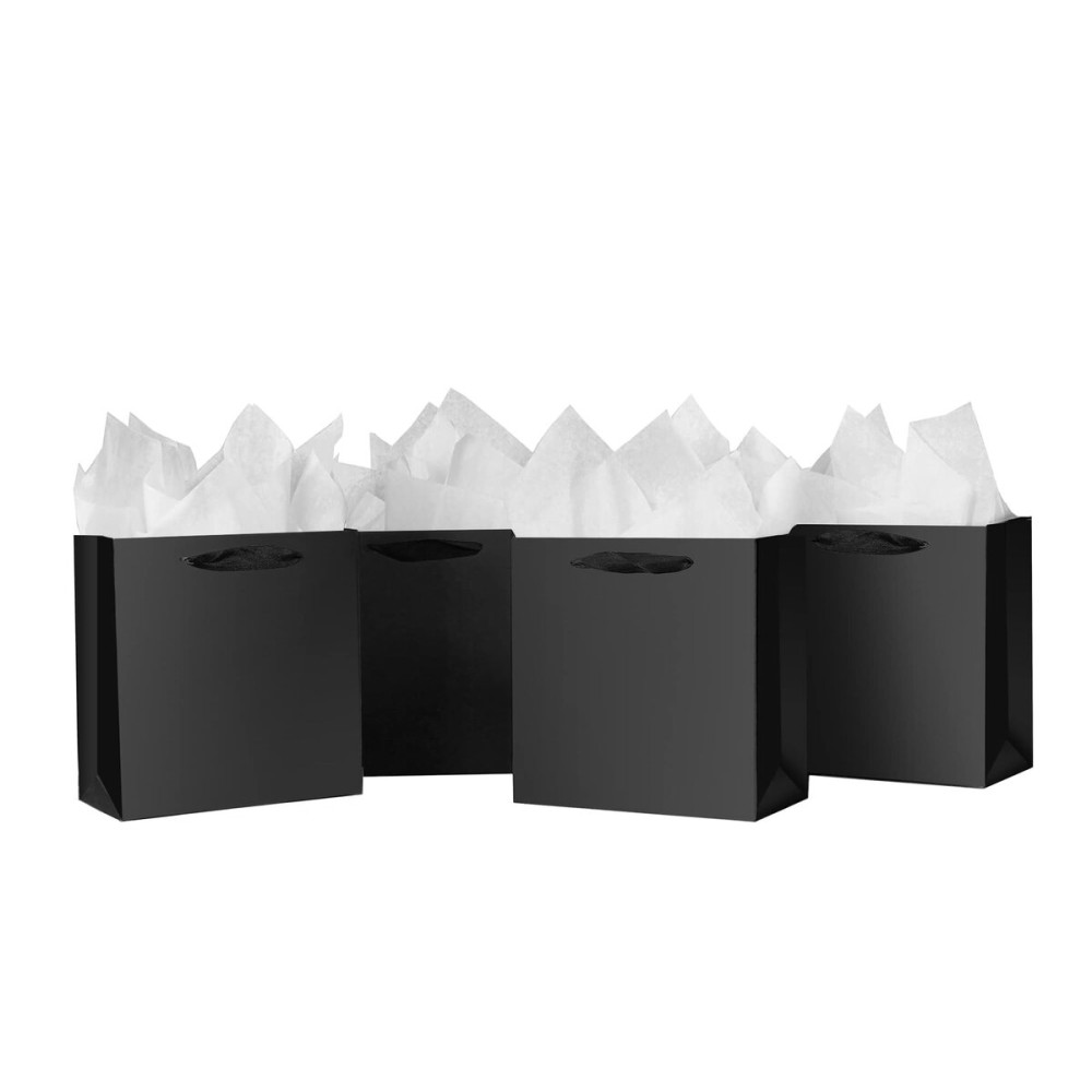 SHIPKEY 10 Pcs Luxury Black Bags with Tissue Paper, Gift Bags for Men, Groomsmen Proposal Bag 8.7x3.9x7.1 Inches Kraft Paper Bag with Handles Bulk for Men/Women (22x10x18cm, 5 Senses)