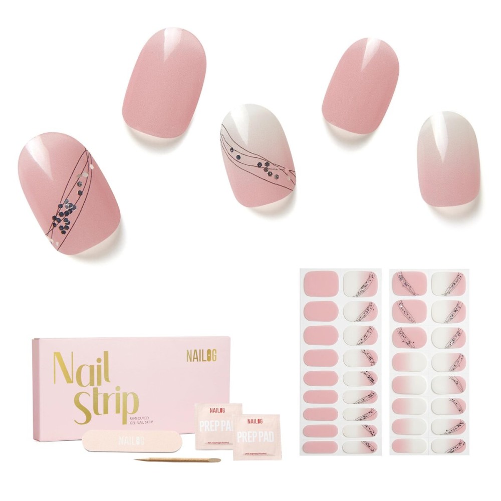 Semi Cured Gel Nail Strips - NAILOG 34 Pcs Gel Nail Stickers | Buy 2 Get 1 UV Light | Extra Long Nail Wraps with Glossy Gel Finishing Gradient Pink, Fairy Wand