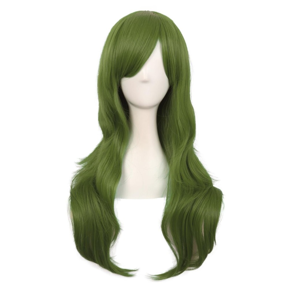 MapofBeauty 28 Inch/70 cm Women Side Bangs Long Curly Hair Cosplay Synthetic Wig (Olive Green)