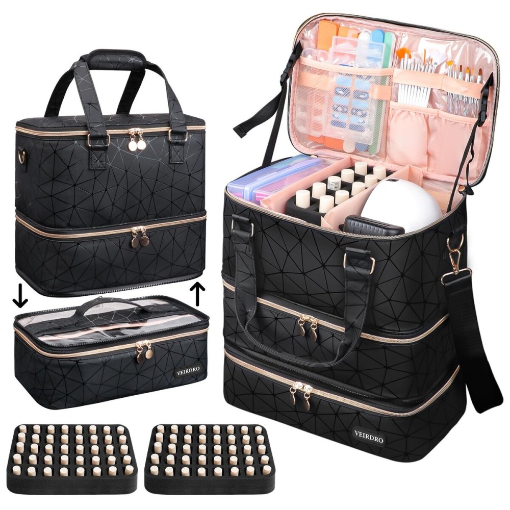 Veirdro Nail Polish Organizer Hold 90 Bottles (15ml/0.5fl.Oz)& Nail Lamp, Three Layer Nail Supplies Organizer Case with Holder& Shoulder Strap, PU Leather Nail Kit Organizers and Storage Bag (Black)