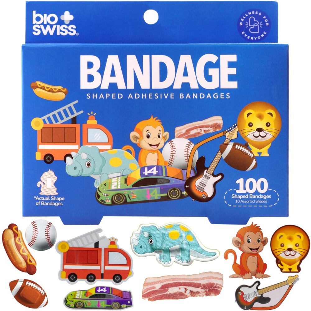 BioSwiss Bandages, Assorted Animal, Fun and Food Shaped Self Adhesive Bandage, Latex Free, Sterile Wound Care, 100 Count