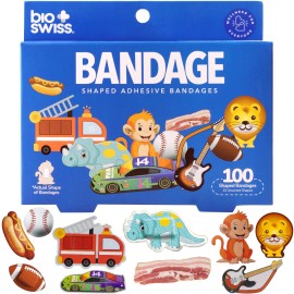 BioSwiss Bandages, Assorted Animal, Fun and Food Shaped Self Adhesive Bandage, Latex Free, Sterile Wound Care, 100 Count
