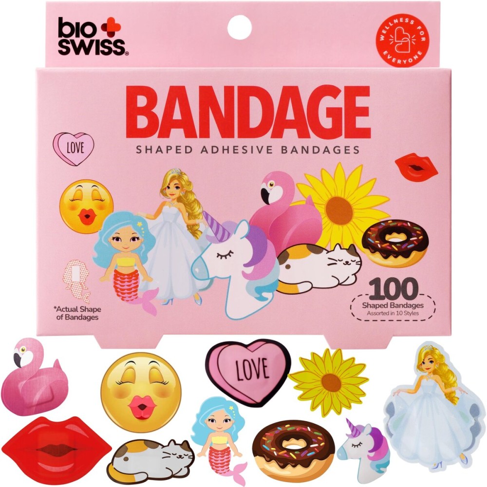 BioSwiss Bandages, Assorted Animal, Fun and Food Shaped Self Adhesive Bandage, Latex Free, Sterile Wound Care, 100 Count