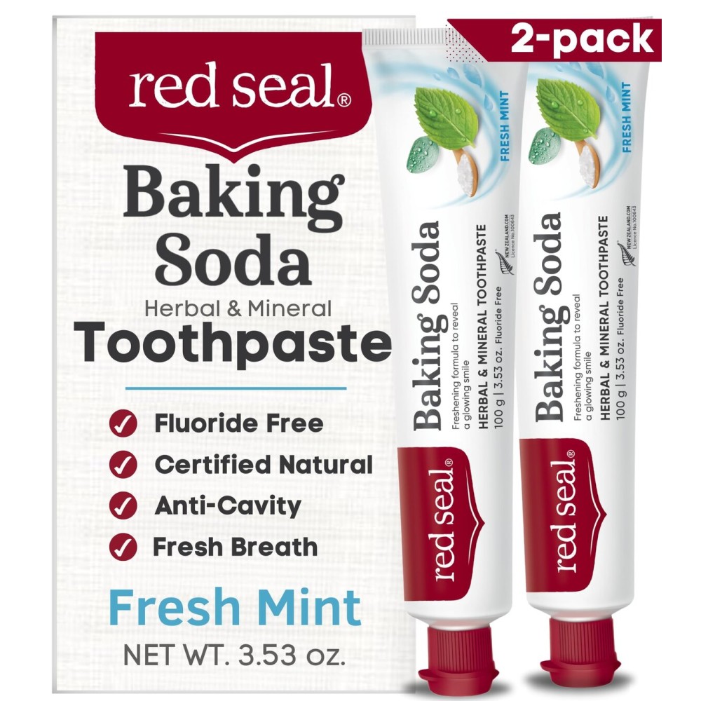 Red Seal Baking Soda Toothpaste - Fluoride-Free Herbal & Mineral Formula, Vegan-Friendly, Cruelty-Free, SLS and Paraben-Free, No Artificial Flavors, NATRUE Certified Natural, Dry Mouth Relief (2 Pack)
