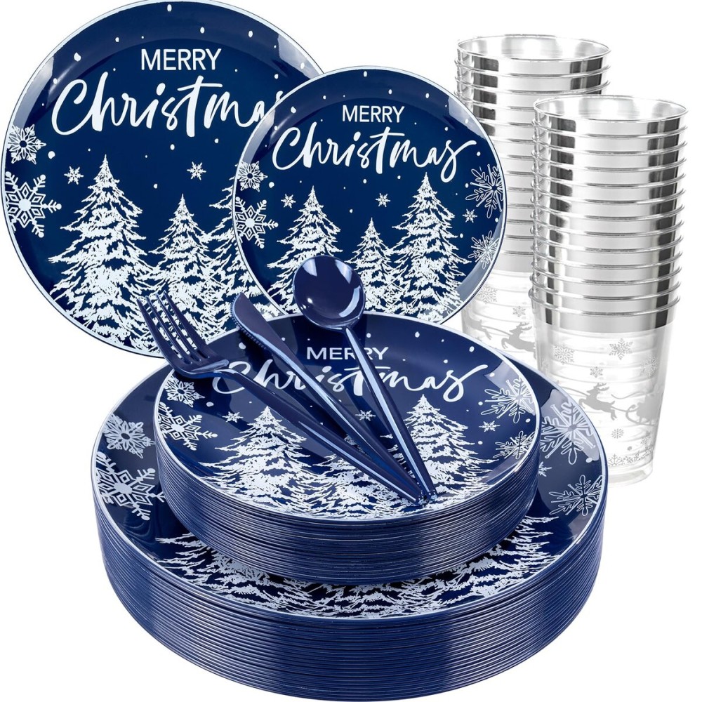 Supernal 150pcs Blue Christmas Plastic Plates - Christmas Party Tableware Set Include Blue Plastic Plates with White Xmas Trees, Heavy Duty Silverware Disposable, Silver Cups for New Year
